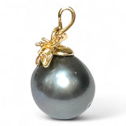 Unique 12 x 12.4mm Tahitian Sea Peacock Gray Green Pearl Pendant