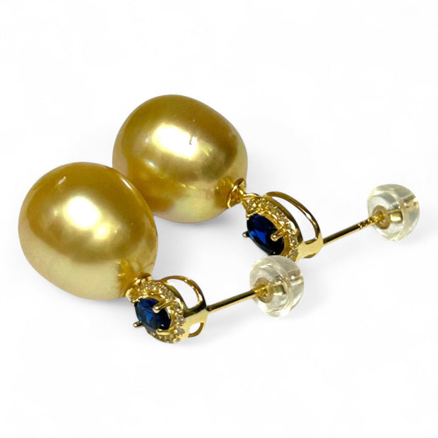 Oval Huge 11.5 x 12.6mm Rich Gold South Sea Pearl Dangle Earrings