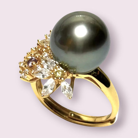 Cocktail Natural Peacock Black 12.2mm Round Tahitian Pearl Ring Size 6