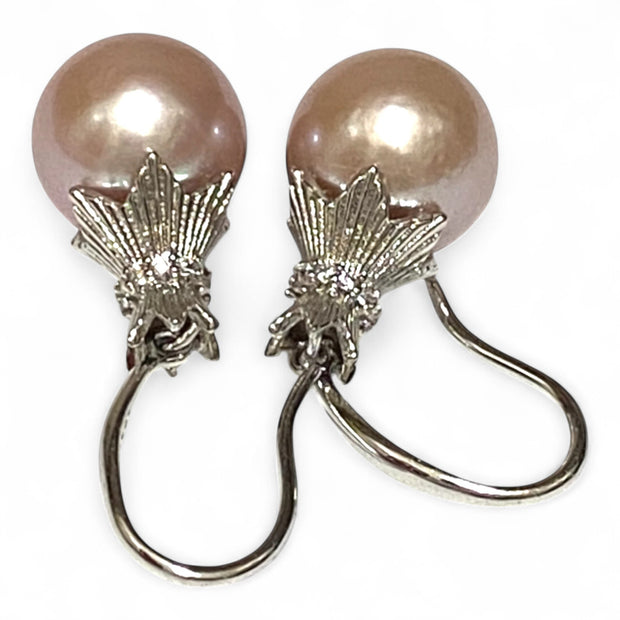 Elegant 10 - 10.5mm Purple Peach Pink Edison Pearl Dangle Earrings