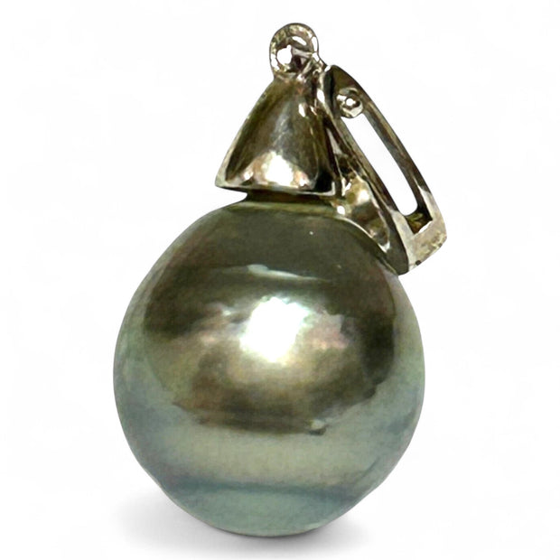 Oval 11.5 x 12.6mm Tahitian Sea Peacock Gray Green Pearl Pendant