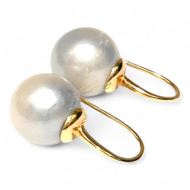 Stunning 13.3mm South Sea Cream White Round Pearl Dangle Earrings