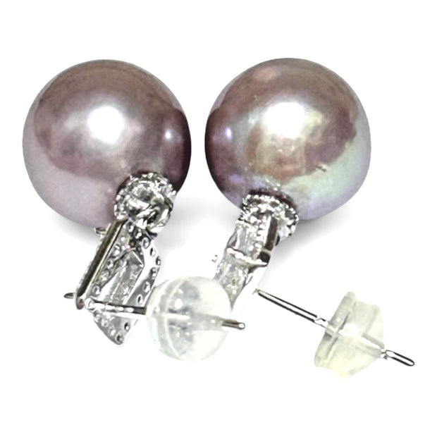 Superb Edison Purple Brown Rainbow Pearl Earrings - 11x11.5mm