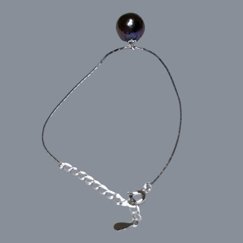 925 Sterling Silver 10mm Peacock Black Green Round Pearl 7.5" Bracelet