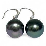Chic 11.4mm Peacock Black Tahitian Sea Round Pearl Dangle Earrings
