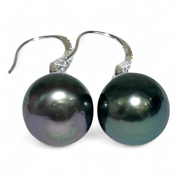 Chic 11.4mm Peacock Black Tahitian Sea Round Pearl Dangle Earrings
