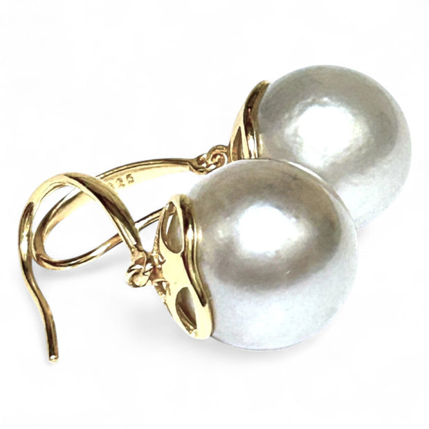Round 12.8mm Indonesian Silver White South Sea Pearl Dangle Earrings