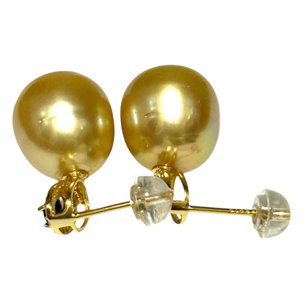 Oval Huge 11.5 x 12.6mm Rich Gold South Sea Pearl Dangle Earrings