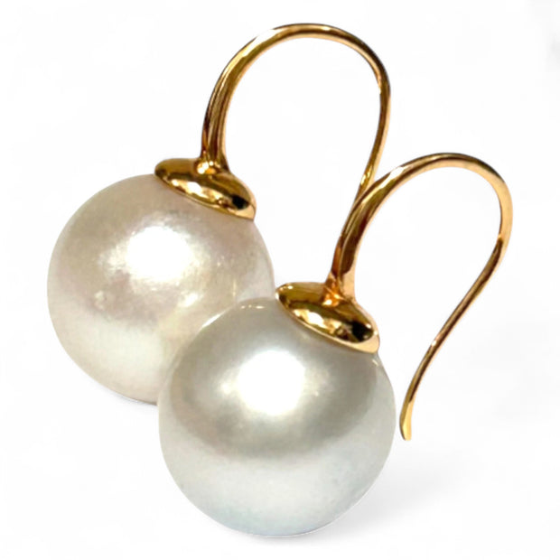 Gorgeous 13.1mm South Sea Silver White Round Pearl Dangle Earrings