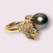 Cocktail Natural Peacock Black 12.2mm Round Tahitian Pearl Ring Size 6