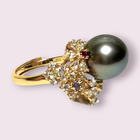 Cocktail Natural Peacock Black 12.2mm Round Tahitian Pearl Ring Size 6