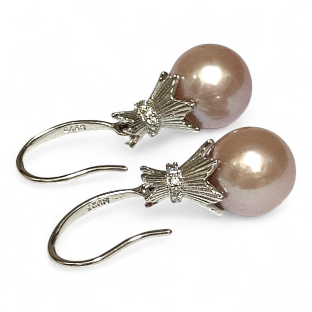 Elegant 10 - 10.5mm Purple Peach Pink Edison Pearl Dangle Earrings