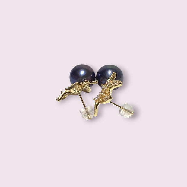 Round 10 - 10.5mm Edison Purple Black Blue Pearl Dangle Earrings