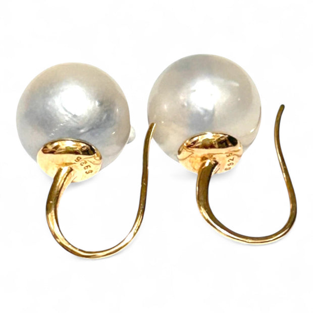 Stunning 13.3mm South Sea Cream White Round Pearl Dangle Earrings