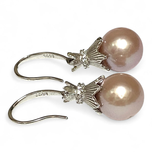Elegant 10 - 10.5mm Purple Peach Pink Edison Pearl Dangle Earrings