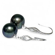 Chic 11.4mm Peacock Black Tahitian Sea Round Pearl Dangle Earrings