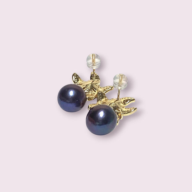 Round 10 - 10.5mm Edison Purple Black Blue Pearl Dangle Earrings