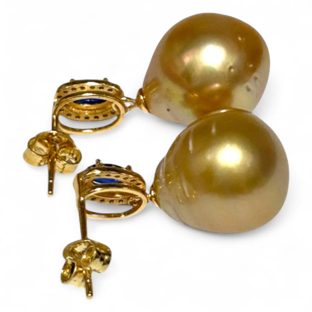 Oval 11.2 x 13mm Gold Philippines South Sea Pearl Dangle Earrings