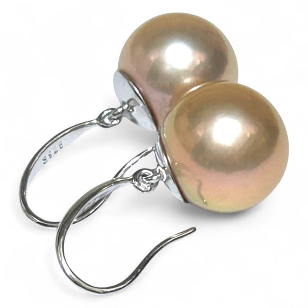 Huge 13mm Purple Rose Pink Edison Farmed Round Pearl Hook Earrings