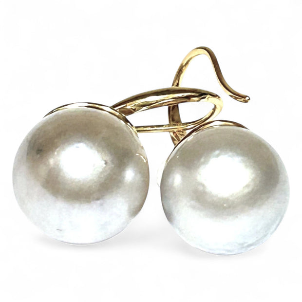 Round 12.8mm Indonesian Silver White South Sea Pearl Dangle Earrings
