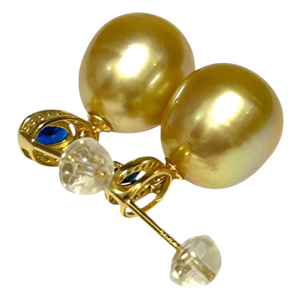 Oval Huge 11.5 x 12.6mm Rich Gold South Sea Pearl Dangle Earrings