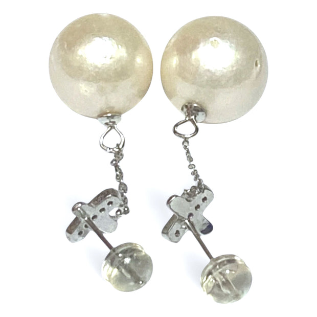 Round 12.6mm Indonesian Cream White South Sea Pearl Dangle Earrings