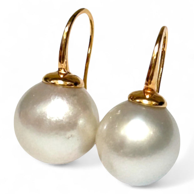 Gorgeous 13.1mm South Sea Silver White Round Pearl Dangle Earrings