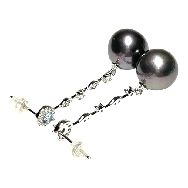Gorgeous 11-11.5mm Edison Peacock Black Round Pearl Dangle Earrings