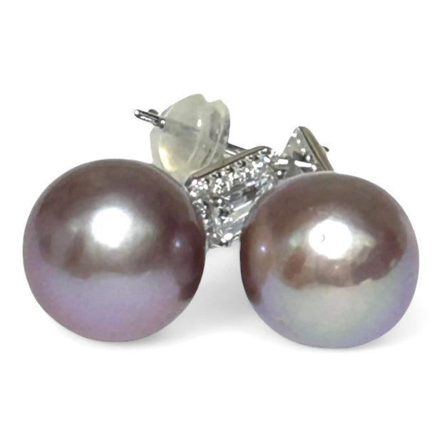 Superb Edison Purple Brown Rainbow Pearl Earrings - 11x11.5mm