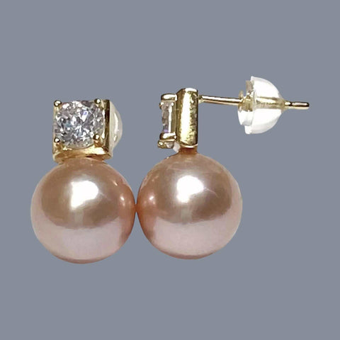 Refined 10 - 10.5mm Peach Pink Round Edison Excellent Pearl Earrings