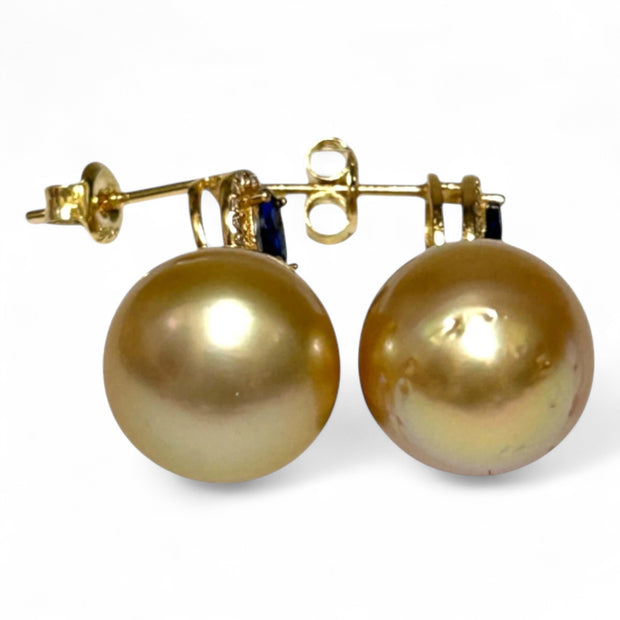 Oval 11.2 x 13mm Gold Philippines South Sea Pearl Dangle Earrings