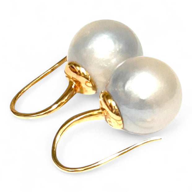 Stunning 13.3mm South Sea Cream White Round Pearl Dangle Earrings