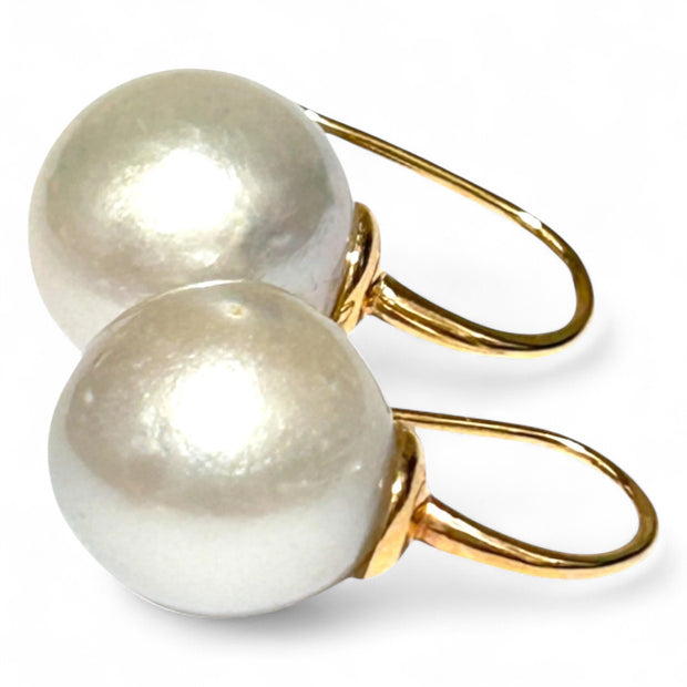 Gorgeous 13.1mm South Sea Silver White Round Pearl Dangle Earrings