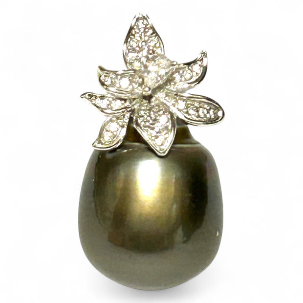 Oval 12 x 15.3mm Tahitian South Sea Peacock Black Green Pearl Pendant