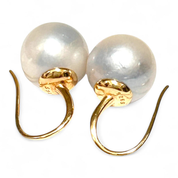 Stunning 13.3mm South Sea Cream White Round Pearl Dangle Earrings