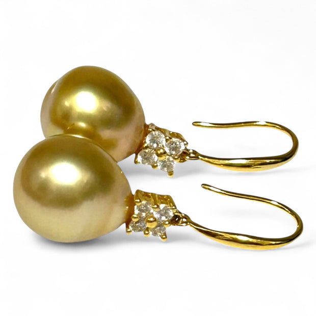 Natural Rich Golden 12 x 13mm South Sea Oval Pearl Dangle Earrings