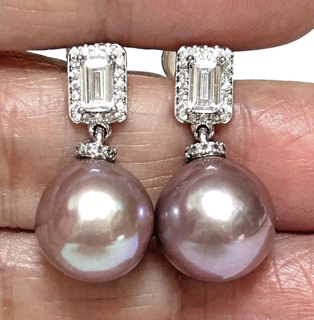 Superb Edison Purple Brown Rainbow Pearl Earrings - 11x11.5mm