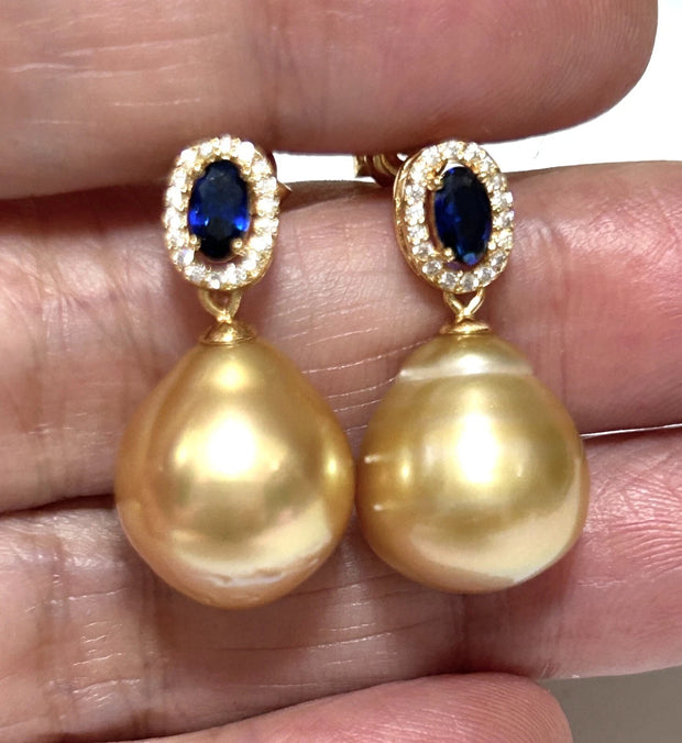 Oval 11.2 x 13mm Gold Philippines South Sea Pearl Dangle Earrings