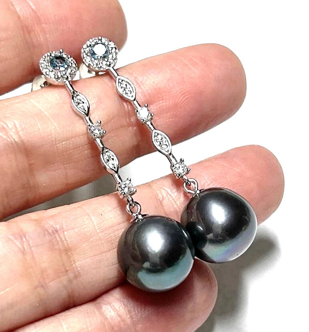 Gorgeous 11-11.5mm Edison Peacock Black Round Pearl Dangle Earrings