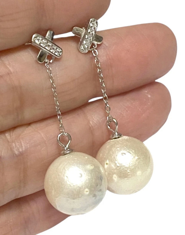Round 12.6mm Indonesian Cream White South Sea Pearl Dangle Earrings